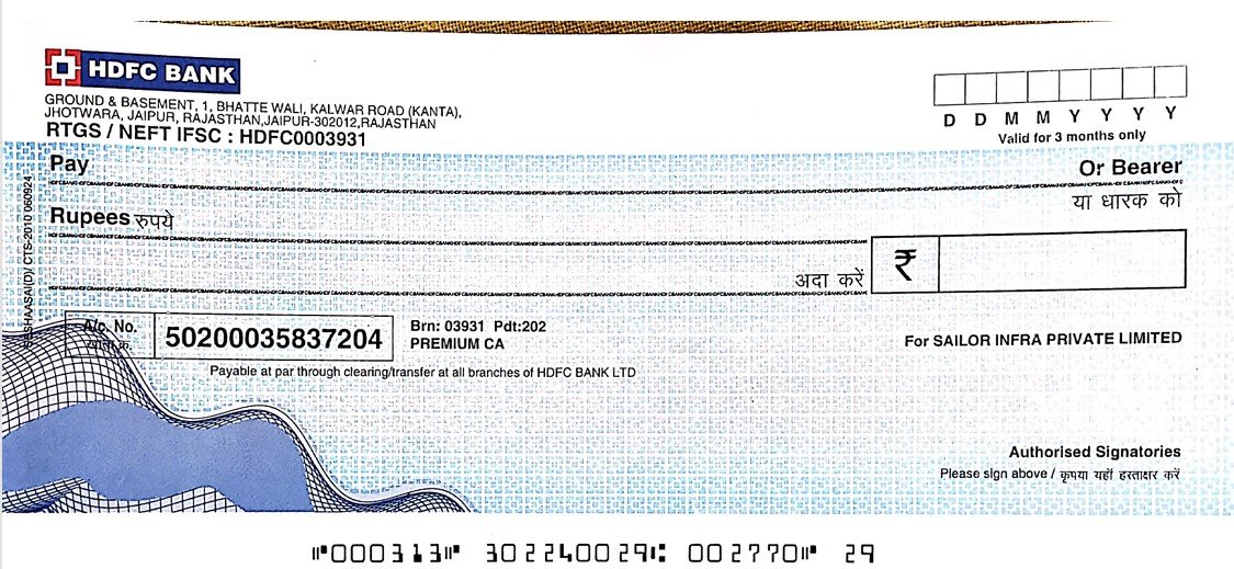 Cancelled HDFC Bank cheque of Sailor Infra Private Limited — A/c 50200035837204, IFSC HDFC0000348