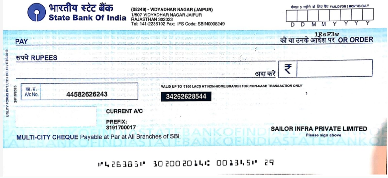 Cancelled State Bank of India cheque of Sailor Infra Private Limited — A/c 44582626243, IFSC SBIN0008249